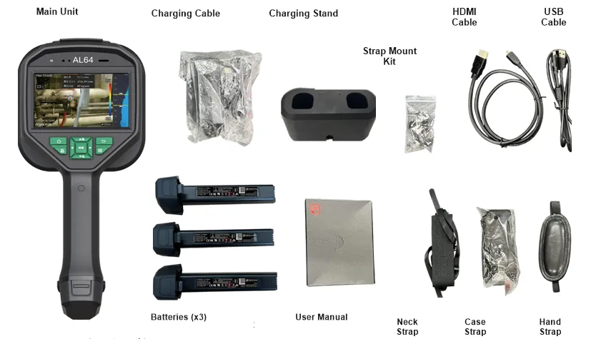ALGOLEAK AL64 box contents: main unit, charging cable, battery charging stand, HDMI cable, USB cable, hand strap mount kit, 3 batteries, user manual, neck strap, case strap, hand strap
