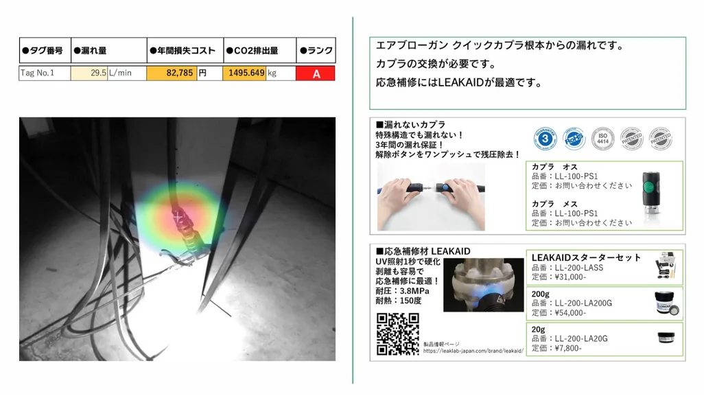 Air leak diagnostic report detail page (leak volume, cost and repair parts per leak point)